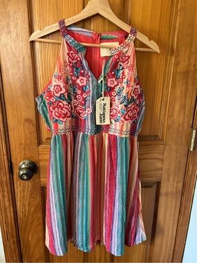 Savanna Jane Wonen’s Pink Red Teal Striped Embroidered Halter Dress